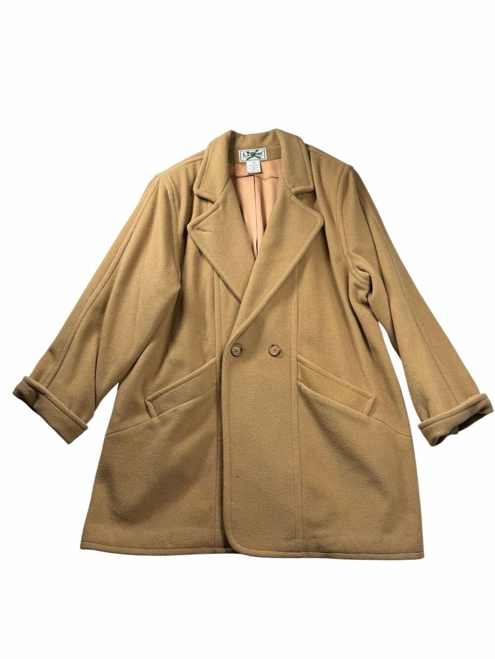 Vintage L.L.Bean Womens Wool Coat Camel Peacoat USA Made Size 20 Long Jacket